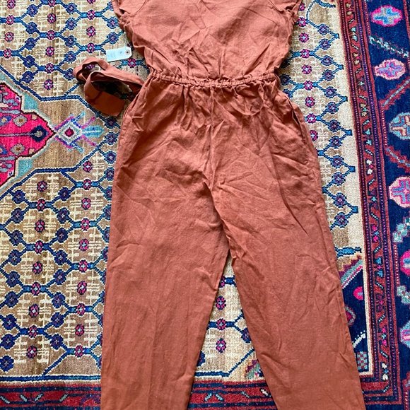 Not Perfect Linen Terracotta Wrap Jumpsuit Short Sleeve One Piece Jumper - Picture 4 of 5